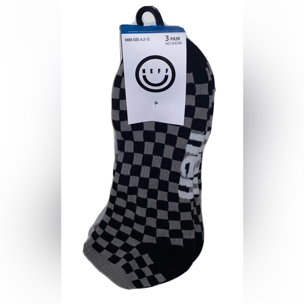 Neff No Show Socks 3 Pair Men 6.5-12 Gray Black w Logo Checkered Skate BMX Ride